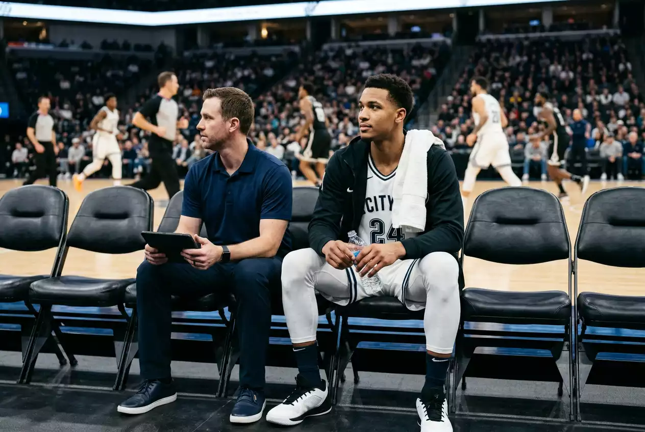NBA player on the bench in warm-up gear during a load-management rest night — back-to-back schedule context